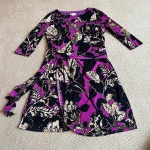 Monroe & Main Wrap Dress Pullover Purple Black Floral Jersey Knit Career Size 10